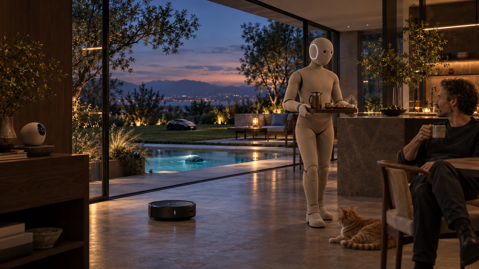 A photoreal imagined home at dusk with a humanoid assistant, a robot vacuum, a companion robot, a cat, and a person relaxing.