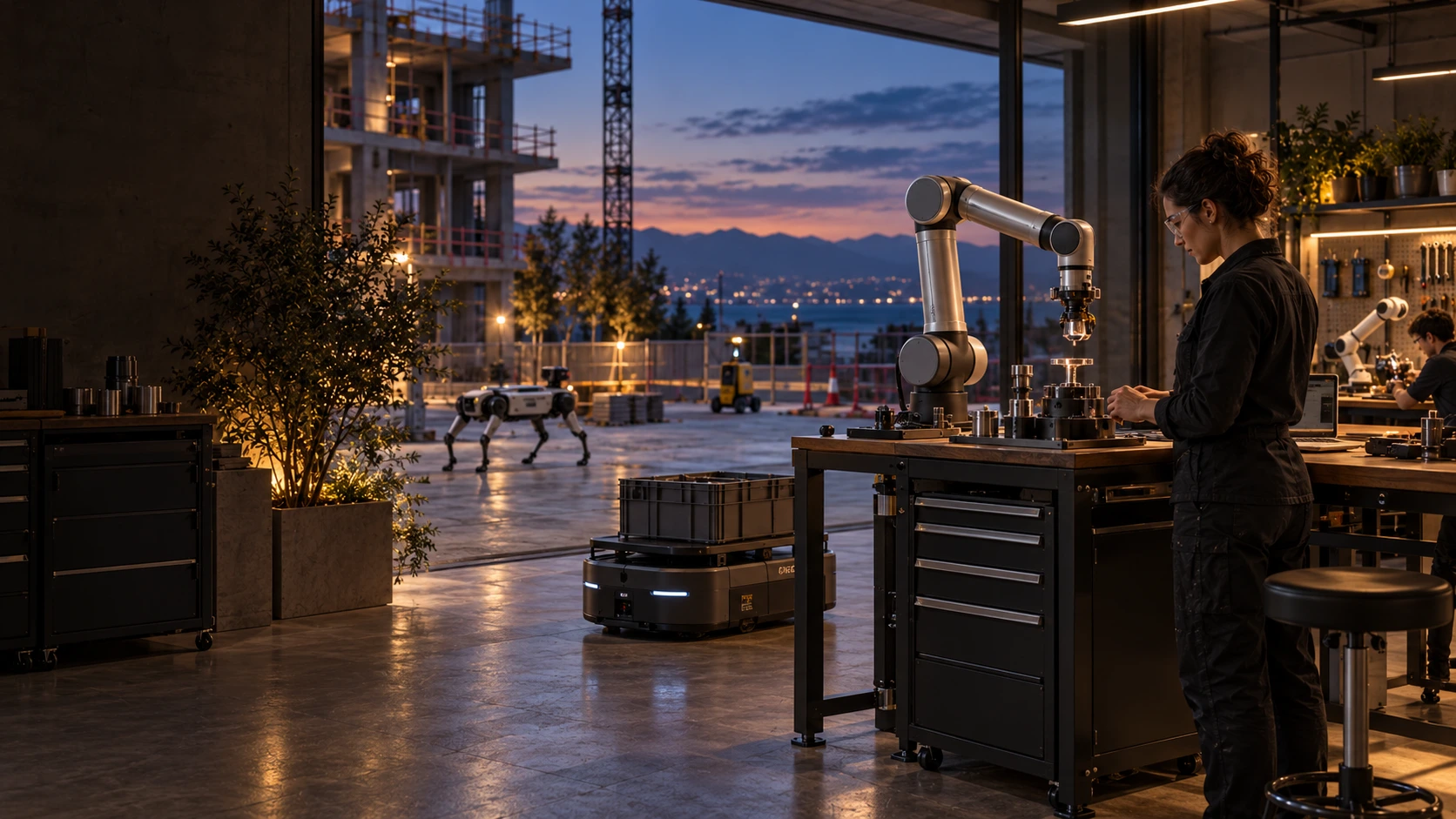 A photoreal imagined workplace with professional robots working alongside people.